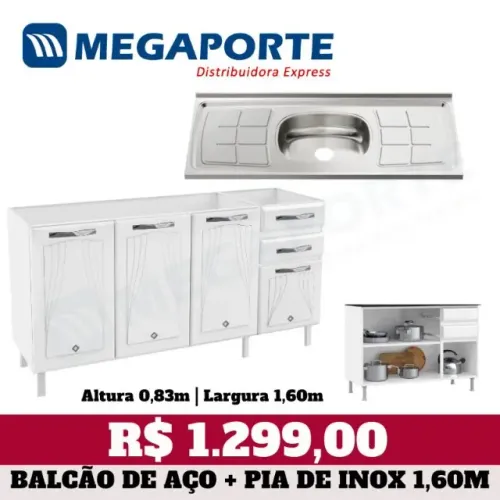 Balcão de Cozinha de Aço 4 Portas + Pia de Inox 1,60m (Novo) Entrega Grátis!