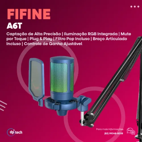Microfone Gamer Fifine Ampligame A6T | RGB | Azul | Braço Articulado - Entrega Grátis-