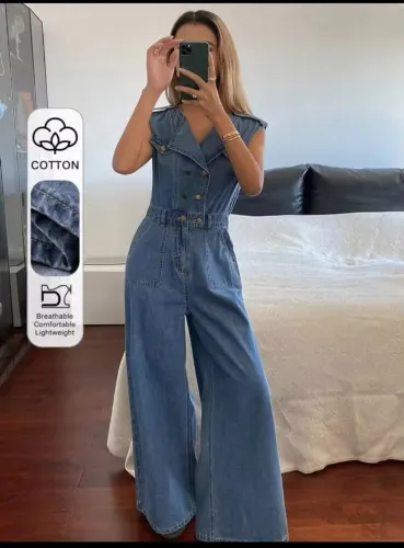Macacão Jeans Feminino Longo Pantalona Algodão Tamanho M SHEIN