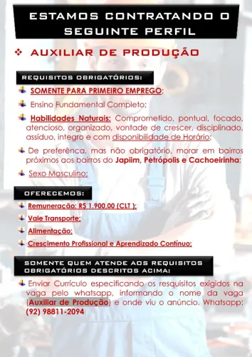 Contratação de Auxiliar de Produção (Primeiro Emprego)