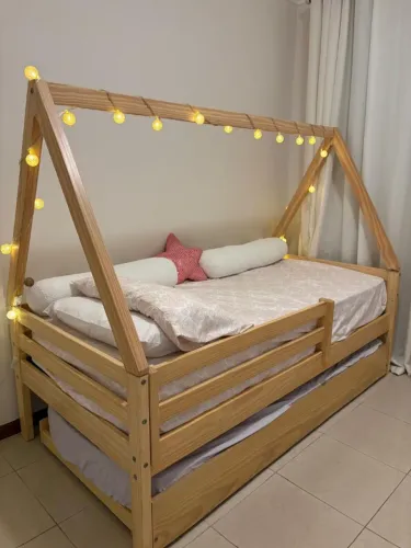 Bicama Solteiro Infantil Casa Tema + Colchão + Lusinhas - Madeira Maciça