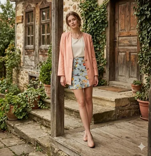 Conjunto blazer salmão e saia estampada