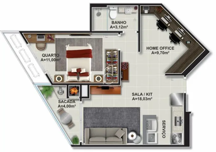 Apartamento Padrão 1 dormitório e 1 Home Office no Itacorubi