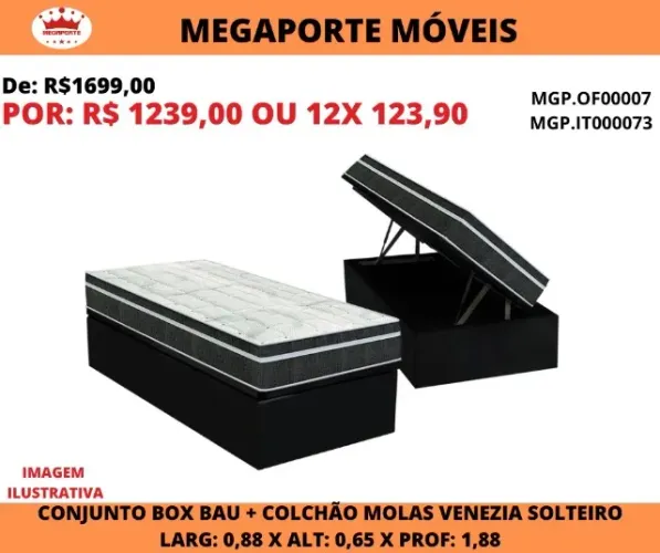 BOX BAÚ SOLTEIRO + COLCHÃO DE MOLAS 