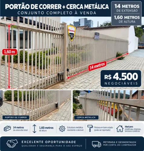 Cerca Metálica + Portão de Correr - 14 Metros x 1,60m
