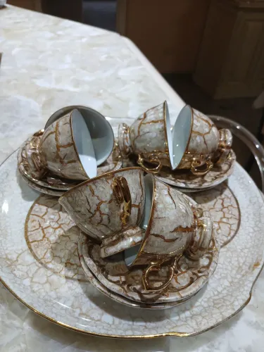 Conjunto Café 13 Peças Porcelana Fina Translucida + Bandeja 28,5cm - Pintura Craquelada