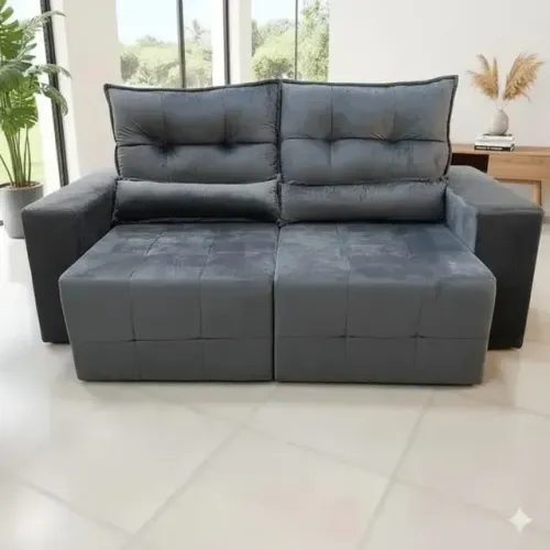 Sofá Retrátil Lisboa Cinza Em Veludo Novo