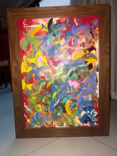 Quadro Abstrato Grande Colorido com Moldura Madeira 90x60cm
