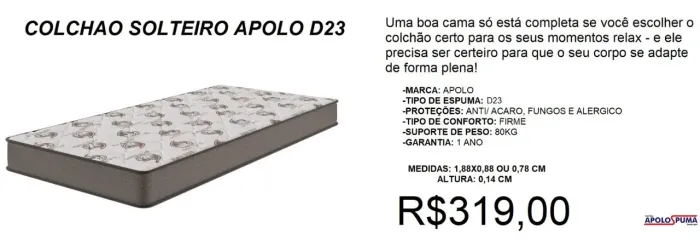 Colchão solteiro espuma d23 apolo - frete grátis
