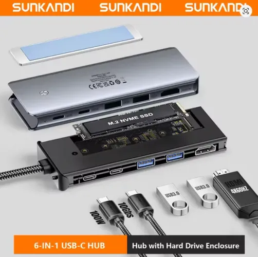 SUNKANDI HUB USB C 6 em 1 (4K@60Hz HD) com Função de SSD Portatil Externo de 10Gbps