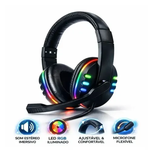 Headset Gamer RGB com Microfone Flexível Som Estéreo Imersivo