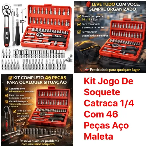 Kit Jogo De Soquete Catraca 1/4 Com 46 Peças Aço Maleta Novo