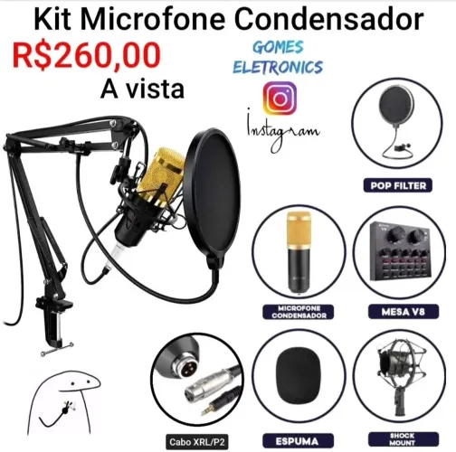 Microfone condensador kit completo para estúdio preto/dourado - (Loja Fisica)