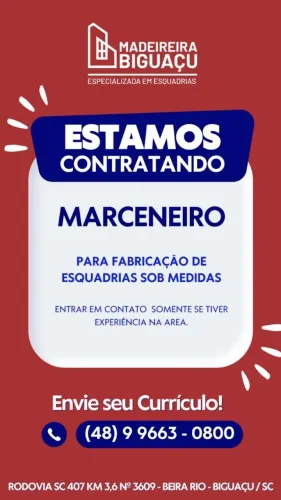 Vaga para Marceneiro - Fabricação de portas e janelas em madeira