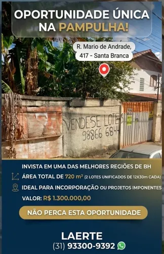 VENDE-SE 02 LOTES UNIFICADOS - NA REGIÃO DA PAMPULHA - BH/MG