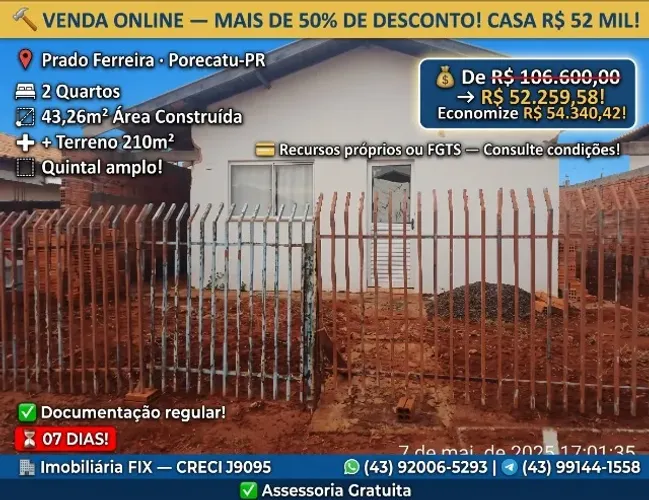 VENDA ONLINE ? MAIS DE 50% DE DESCONTO! CASA R$ 52 MIL!
