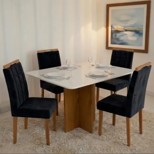 Conjunto Mesa de Jantar Verona 120 com Vidro e 4 Cadeiras Veludo Preto