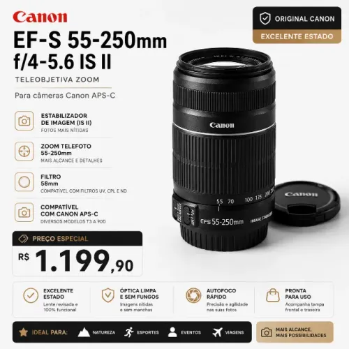 Lente Canon 55-250mm IS II T7 T6 T5 T3i T5i T6i T7i SL2 SL3 60D 70D 80D 90D 7D