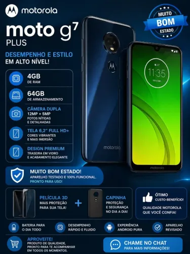 Motorola Moto G7 Plus Azul Escuro - 64GB / 4GB RAM Aparelho com design premium e traseira