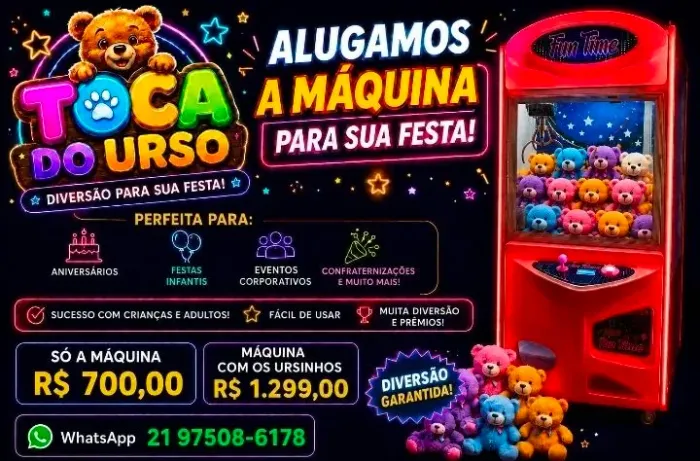 Maquina grua de pelúcias para aluguel.