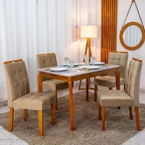 Mesa de Jantar Alegra Tampo Vidro Off 120×80 4 Cad Veludo Avelã Madeira - Entrega Rápida! 
