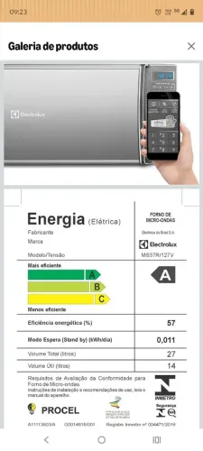 Micro-ondas Electrolux 27L Inox Espelhado com 55 receitas pré-programadas 220v MS37R