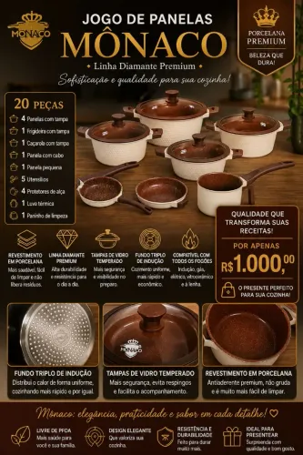 Jogo de panelas em porcelana Mônaco com acessórios 