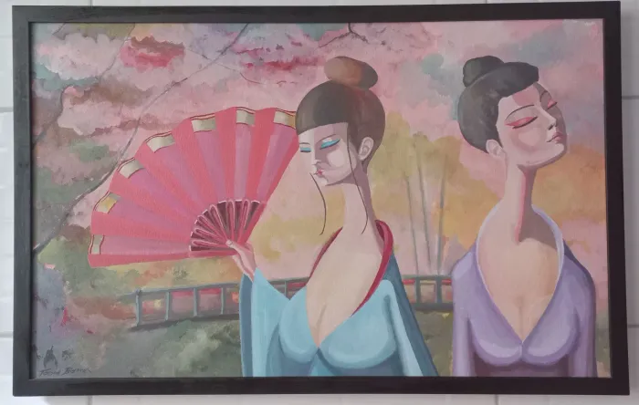 Quadro com Moldura Gueixa Oriental Pintura tinta Acrílica colecionadores