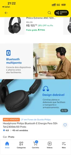 Headphone Philips Bluetooth E Energia Para 55h Tah2300bk/00 Preto
