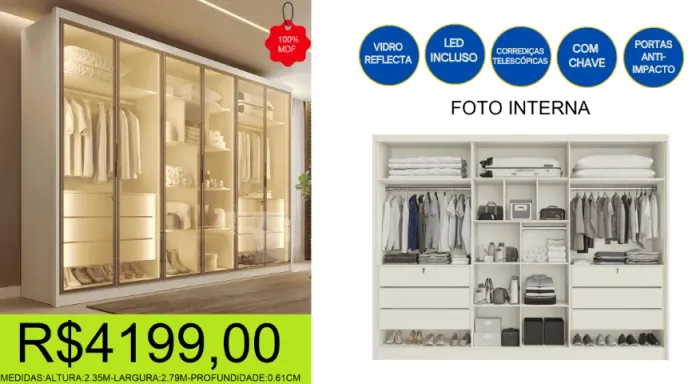roupeiro - 100% mdf - 100% reflecta - compre e retire hoje mesmo