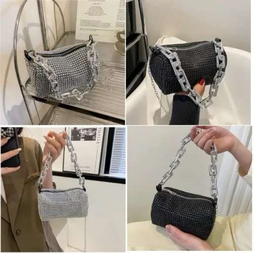 Nova Bolsa Feminina Prata ou Preta com Strass e Corrente Grossa - Festa / Balada
