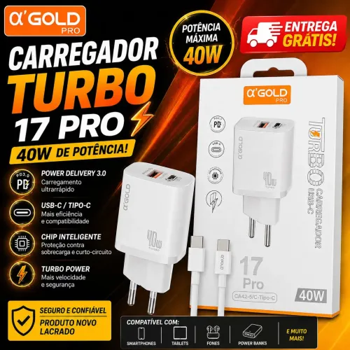 Carregador Turbo ?GOLD PRO 17 Pro 40W USB-C + Cabo Tipo-C NOVO LACRADO
