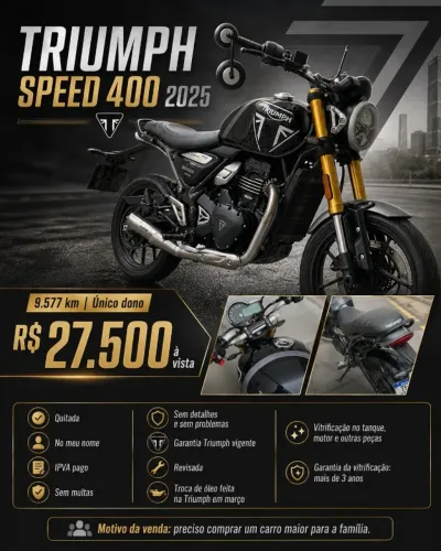 Triumph Speed 400 2025 | Único dono | Garantia Triumph | Quitada | 9.577 km