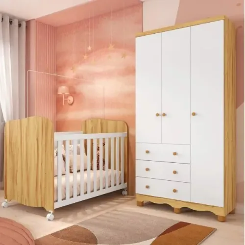 Roupeiro Infantil Junior 3 Portas + Berço Americano Lumi, 100% MDF 