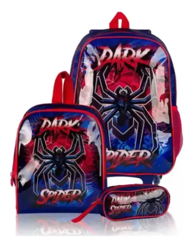 Kit Mochila De Rodinhas + Lancheira + Estojo, Dark Spider Aranha Azul E Vermelha Liso