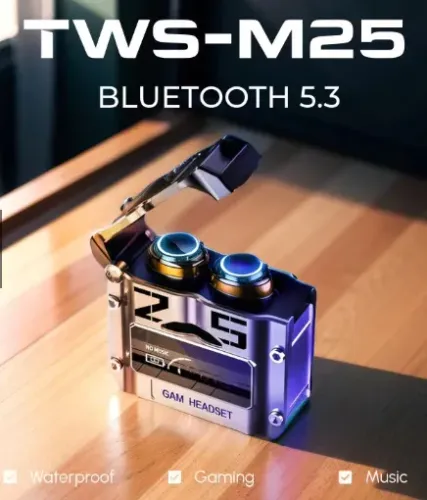 Fone de ouvido TWS-M25 Bluetooth sem fio com microfone e carregador portátil novo