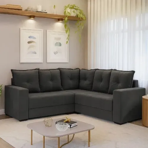 PATRICIA sofá de canto IDEAL para sua sala, cor cinza tecido aveludado  