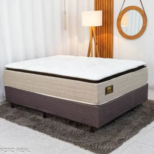 Box Casal Universal Marrom Bordado + Colchão Casal Twins 138x188x71 Molas BlueWave - Gazin