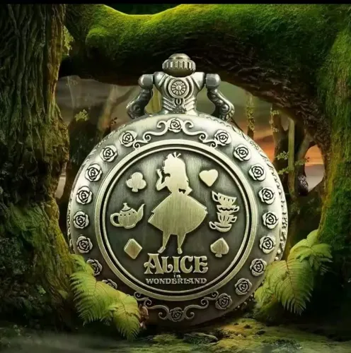 Relógio analógico de bolso/colar vintage Alice no País das maravilhas ?