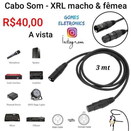Cabo de som XRL Cannon para microfone, mesa de som, canhão led - 3 Metros (Loja fisica)