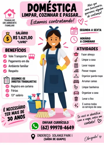 Vaga para Doméstica - Segunda a Sexta 