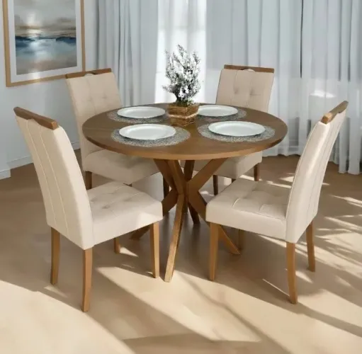 Conjunto Mesa Milano Redonda 108 com 4 Cadeiras Estofadas