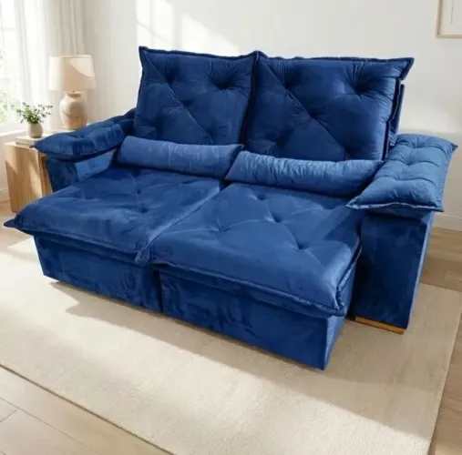 Sofá Retrátil Reclinável Veludo Azul 2,00m Linha Siena
