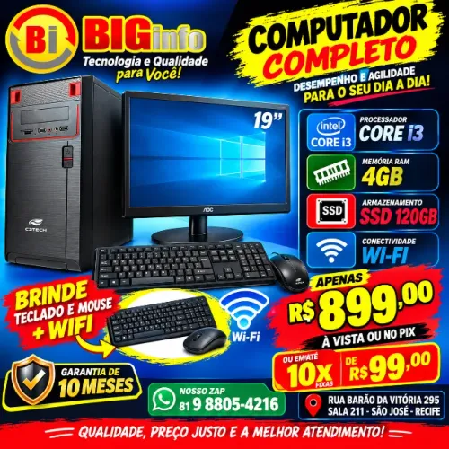 Computador Completo Core i3 com Wi-Fi SSD 120GB Memória 4GB Monitor 19 - Em ate 10x Fixas