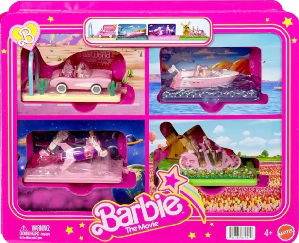Barbie the Movie miniaturas _ 4 veículos + 8 personagens todos em miniatura
