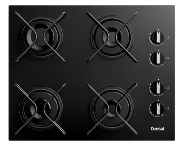Cooktop 4 bocas Consul a gás com grades e mesa de vidro.