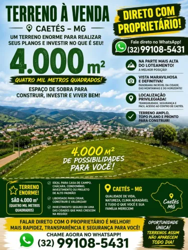 4.000m² EM CAETÉS-MG | TOPO DO LOTEAMENTO + VISTA INCRÍVEL | DIRETO COM PROPRIETÁRIO!
