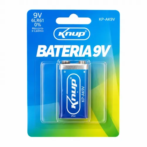 Bateria 9V Knup KP-AK9V Alcalina 6LR61 Alta Durabilidade Para Alarmes Multímetros e Microf