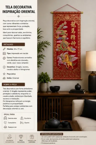 Tela decorativa oriental em tecido - dragão e cavalos alados