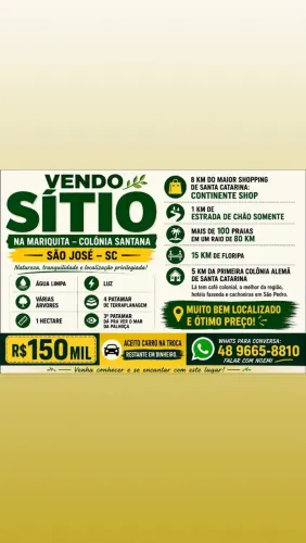 Sítio Sao José, R$150mil,1 hectare, 1km estrada de chão, 8km do maior shopping continente!